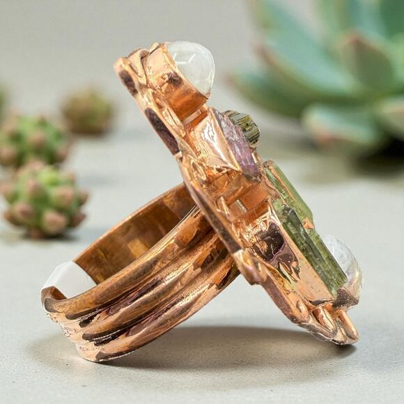 Pink Green Tourmaline Moonstone Wide Band Copper Ring Sz 8.25 Handmade Artisan - Picture 3 of 5